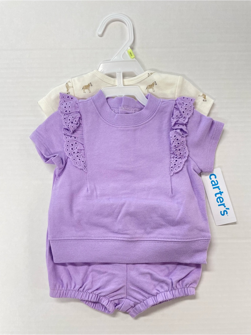NWT Carters 3 Month Baby Girl Bodysuit Set Purple Zebra Ruffle Top Shorts Sleeve